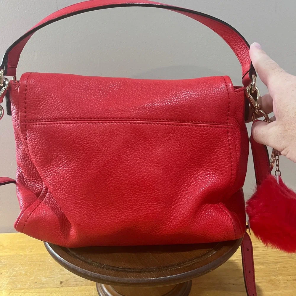 Kate‎ Spade Red Pebbled Leather Flap Crossbody Bag Gold Hardware Pom Pom Accent